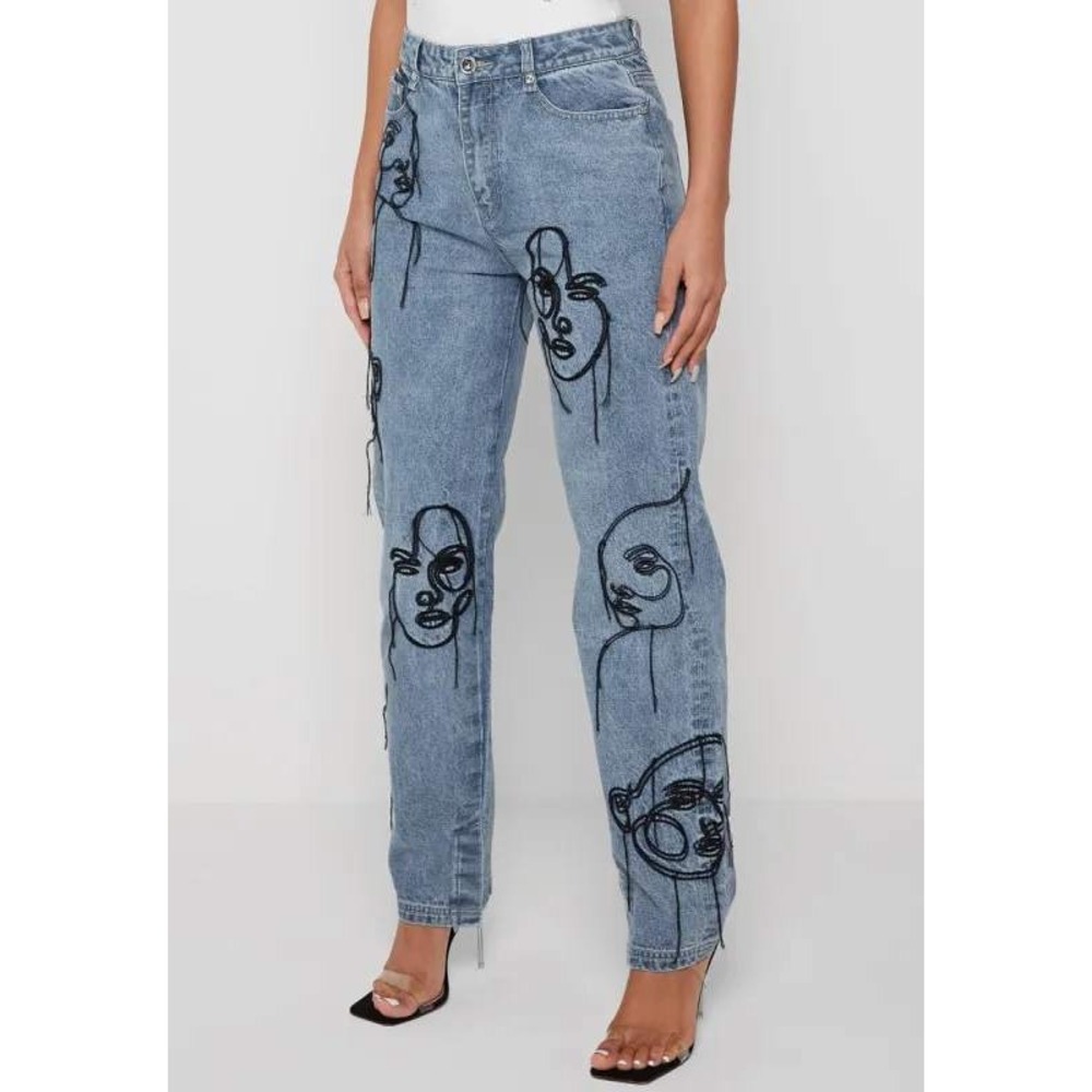 Maniere De Voir Line Art Mom Jeans Blue Embroidered Face Denim Pants Size 6 - Picture 13 of 14